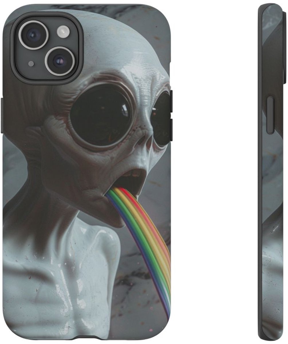 Grijze Alien met Regenboogstraal – Telefoonhoesje Geschikt voor iPhone 15 Plus