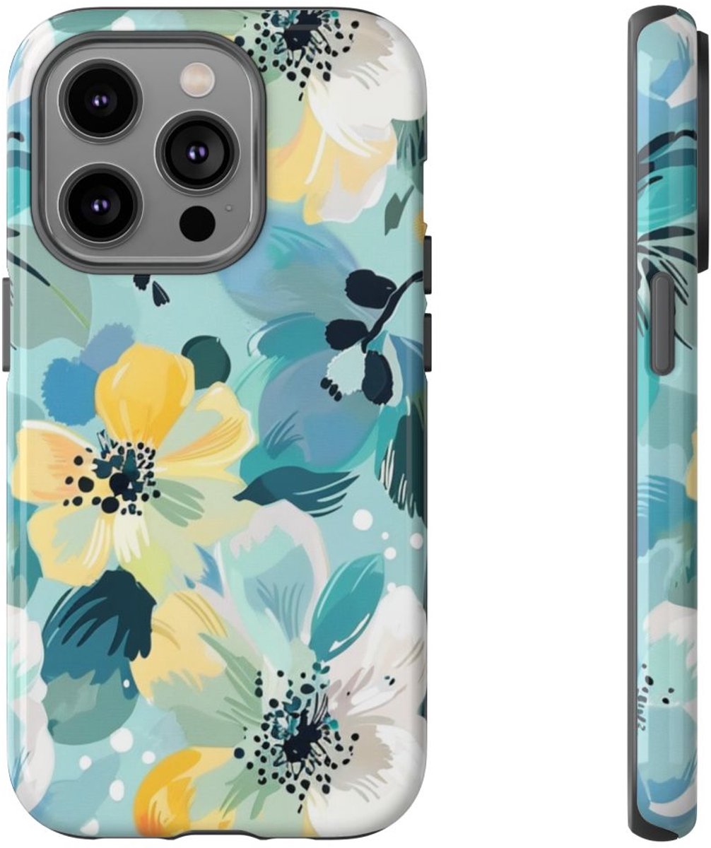 Turquoise Bloemenpatroon met Stippen – Telefoonhoesje Geschikt voor iPhone 14 Pro