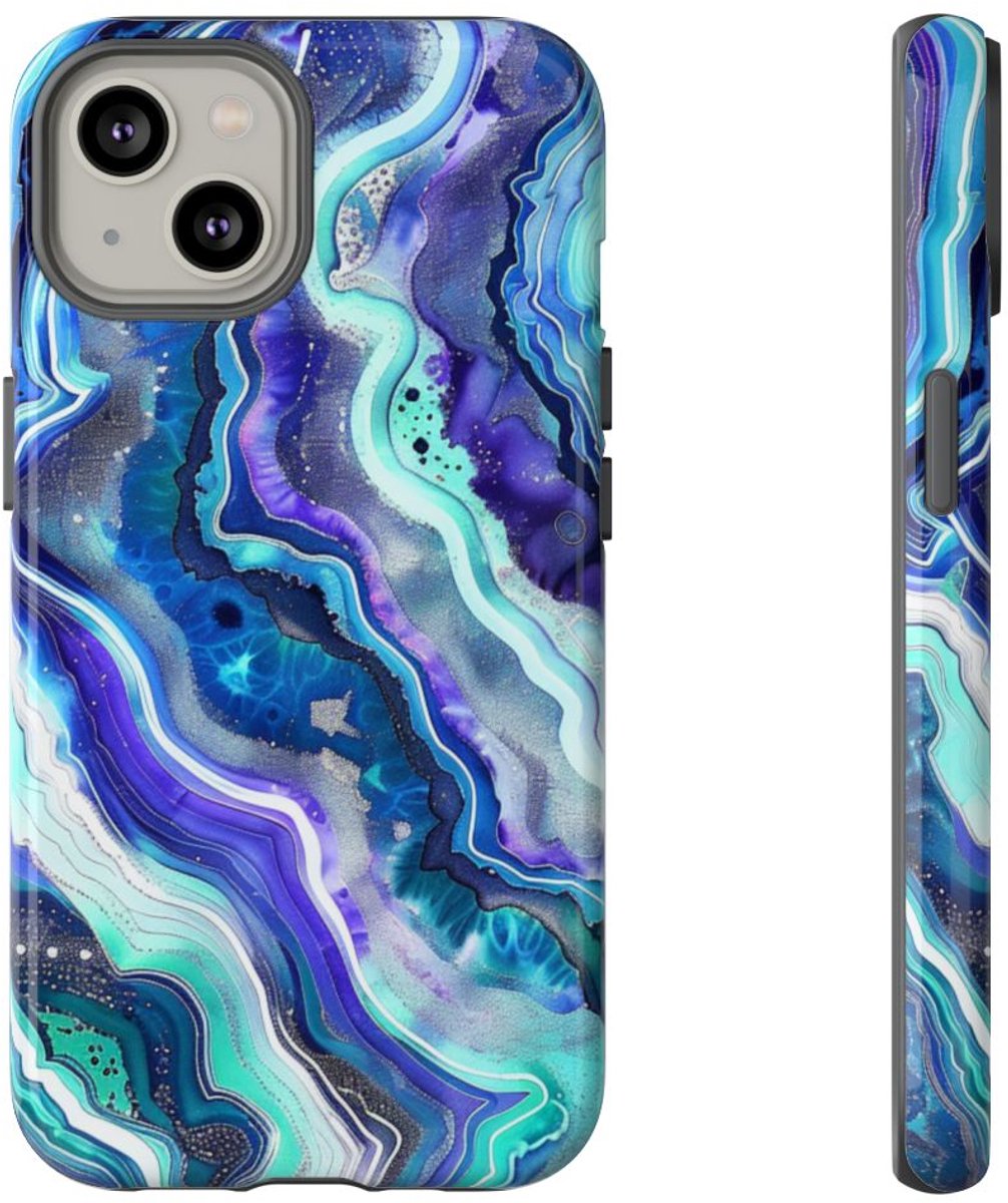 Blauw en Turquoise Geode Wervelpatroon – Telefoonhoesje Geschikt voor iPhone 14