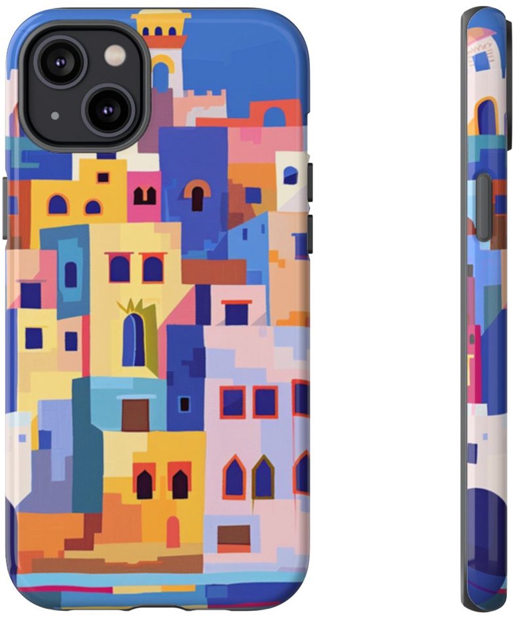 Kleurrijke Illustratie van een Kuststad – Telefoonhoesje Geschikt voor iPhone 14 Plus