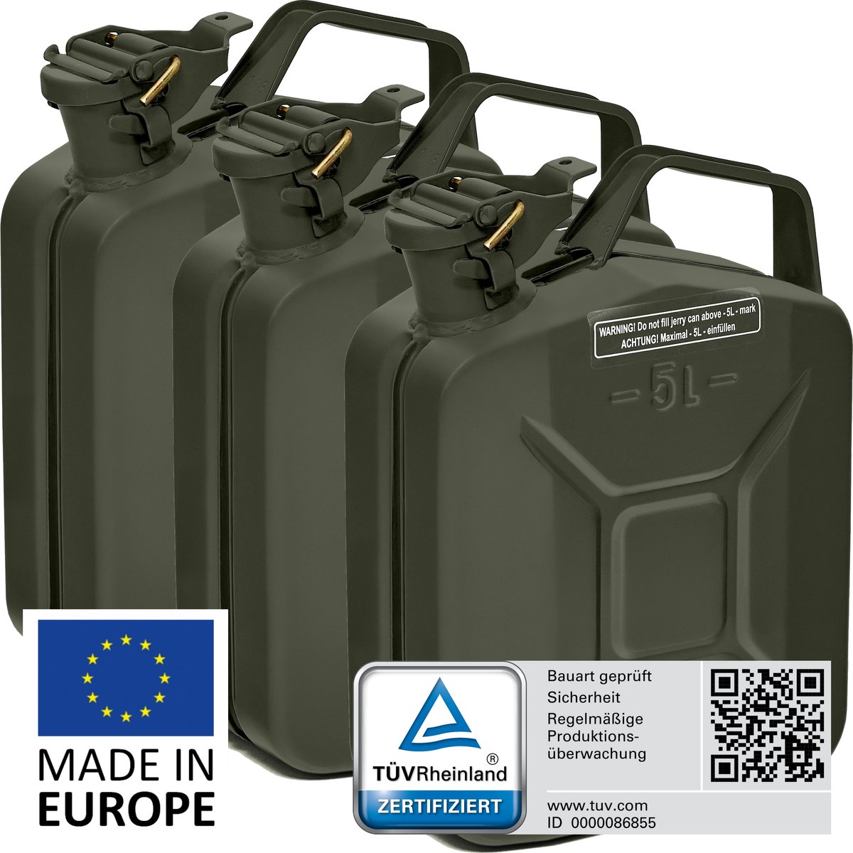 BW® Fuel Canister Metalen Benzineblik - Jerrycan 3x 5 Liter - Bronsgroen - TÜV-getest en UN-goedgekeurd - Gemaakt in Europa