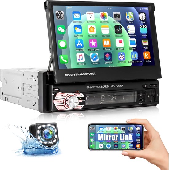 CAMECHO Autoradio Bluetooth 1 Din met Mirror Link voor iOS/Android, 7 Inch Scherm Intrekbaar Touch Display Single Din met FM Radio EQ/USB/Type-C CAMECHO Autoradio Bluetooth 1 Din met Mirror Link voor iOS/Android, 7 Inch Scherm Intrekbaar Touch Display Single Din met FM Radio EQ/USB/Type-C