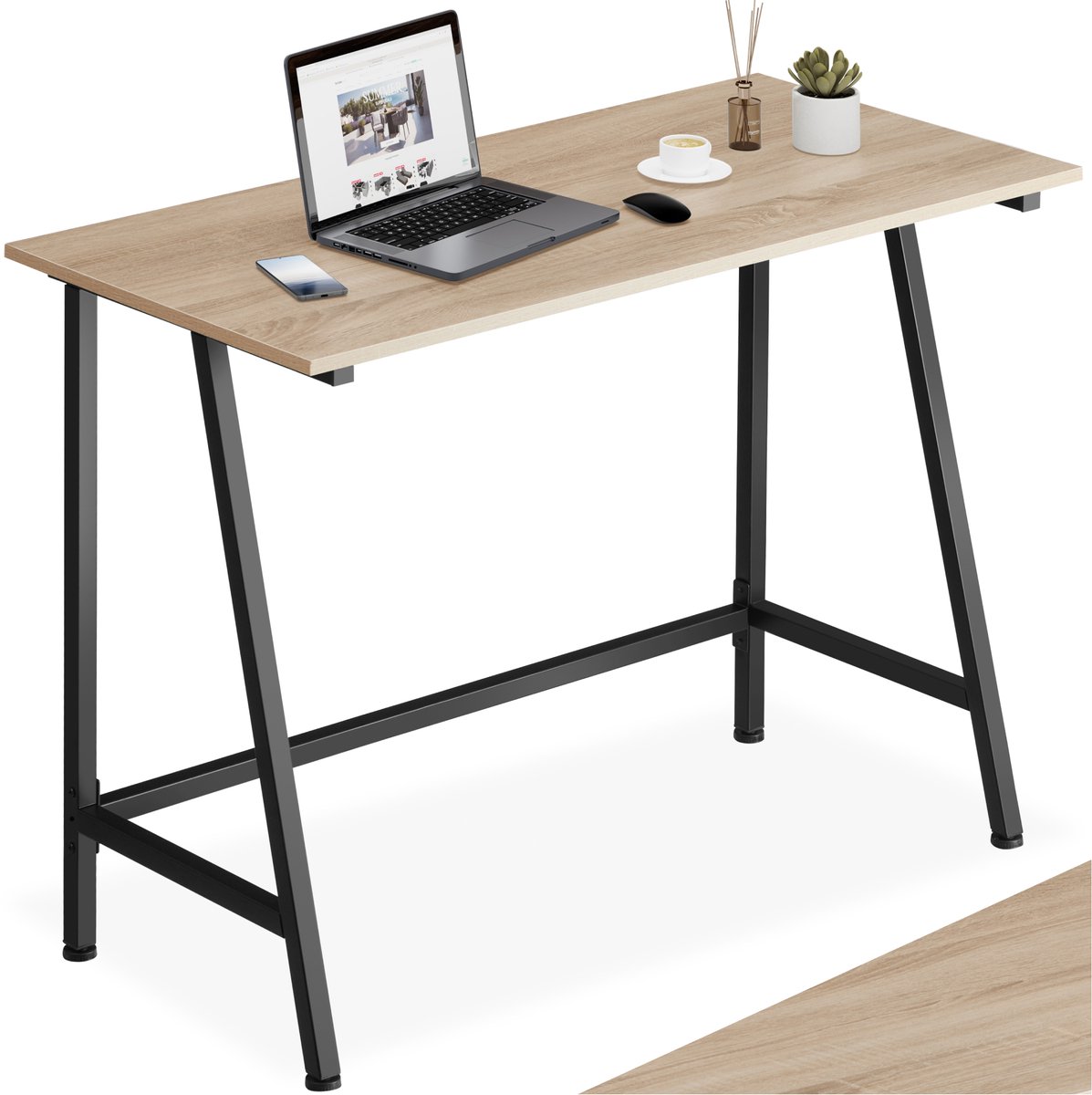 tectake® Bureau - Klein computerbureau - Bureautafel van hout en metaal - Voor woonkamer of studeerkamer - Industrieel design - Zwart metalen frame - Afmetingen (LxBxH) 100 x 50 x 77 cm - Lichtbruin
