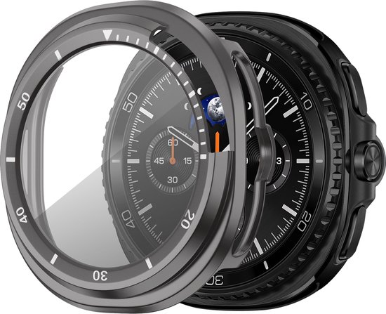 Bandz PC hard case hoesje met screenprotector - geschikt voor Samsung Galaxy Watch 8 Classic - beschermhoes van hard plastic met bezel - full cover (titanium grijs/wit)