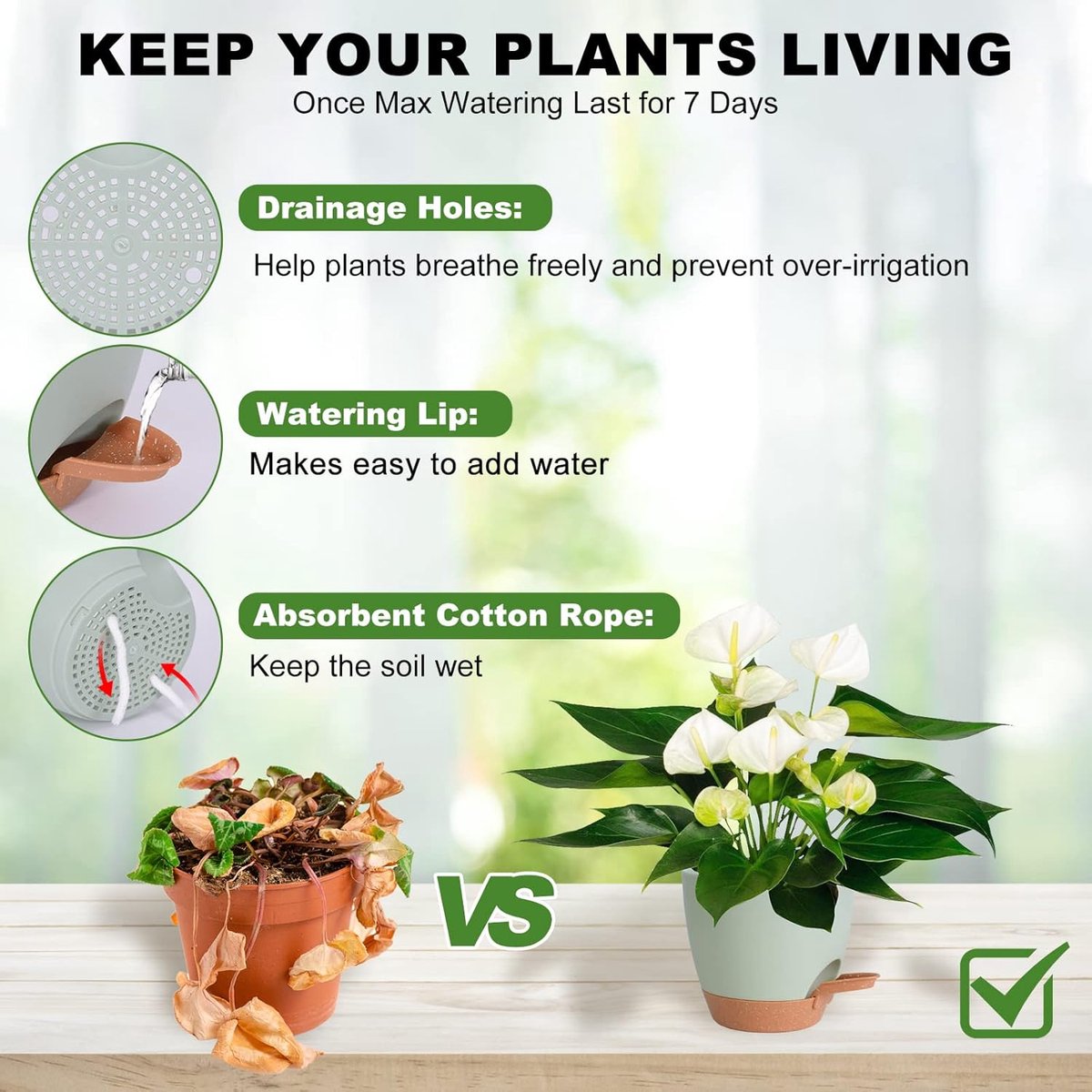 Bloempotten voor binnen, 7/6,5/6/5,5/5 inch, zelfwaterende plantenbakken met drainagegat, plastic bloempotten voor vetplanten, Afrikaans viooltje (groen) — cadeau in Wonen & Interieur - foto 8