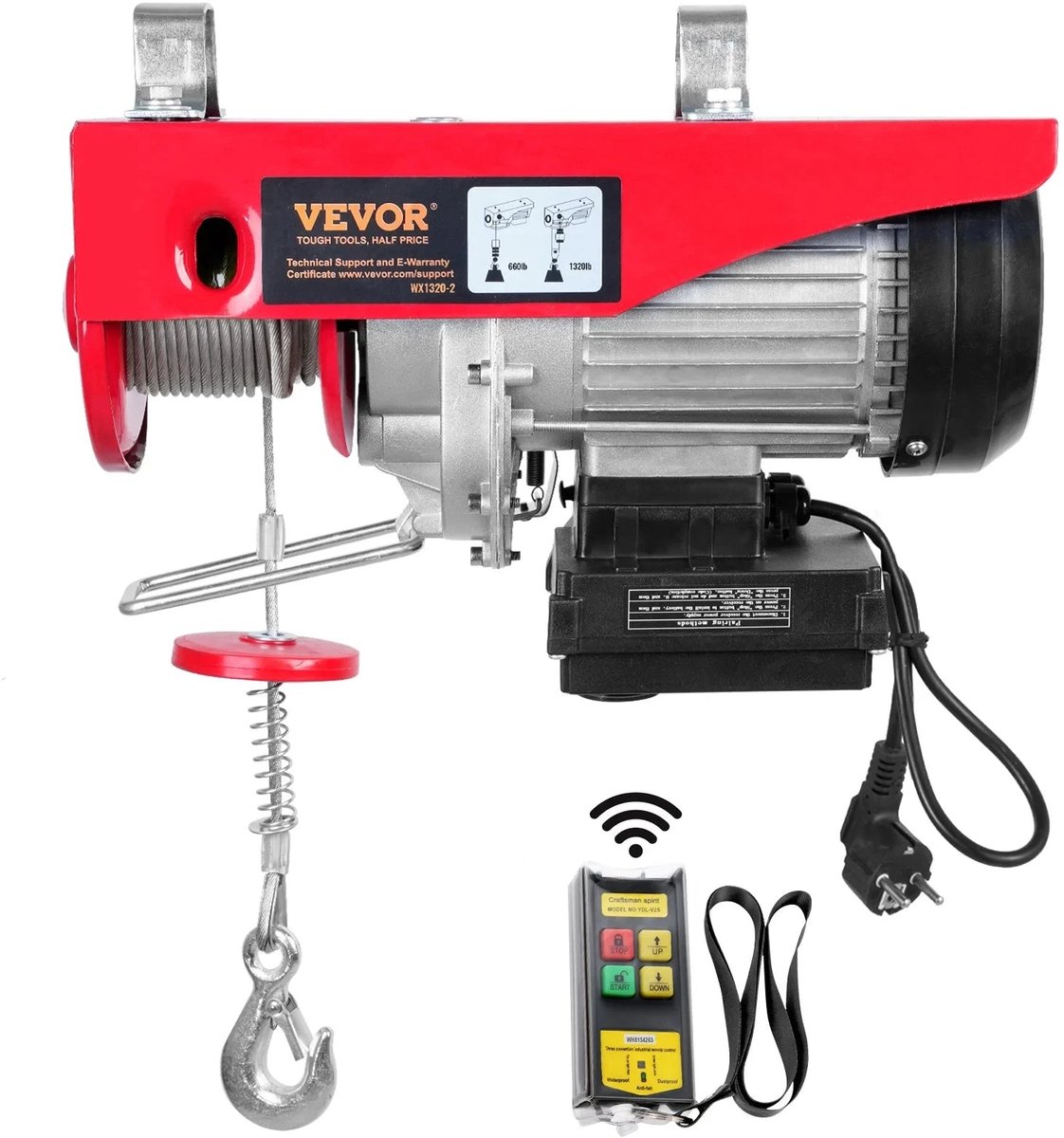Kabeltakel - Elektrische lier - Elektrische Takel - Hijskraan - voor Boot Auto Garage Lift - Kabeltakel Lier - Draadloos 1000kg - Rood