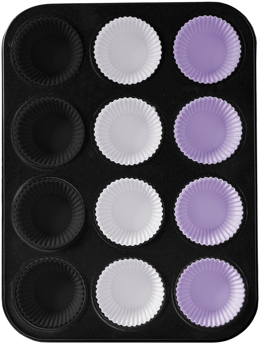 HI Muffin vorm/bakvorm - zwart - voor 12 muffins - siliconen coating - 35 x 26,5 x 3 cm