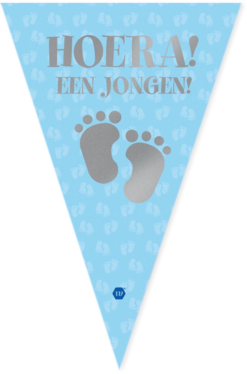 Mega puntvlag | blauw | 150 x 100 cm | Tekst Hoera! een jongen! | zilveren voetjes afbeelding