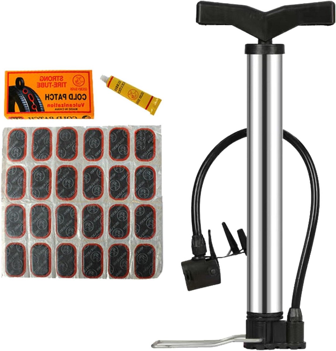 Allecto Plus - Fietspomp voor alle ventielen - Fietspomp met 48 fietsbandplakkers - Presta en Schrader ventielen - Incl. accessoires - Balpomp standaard