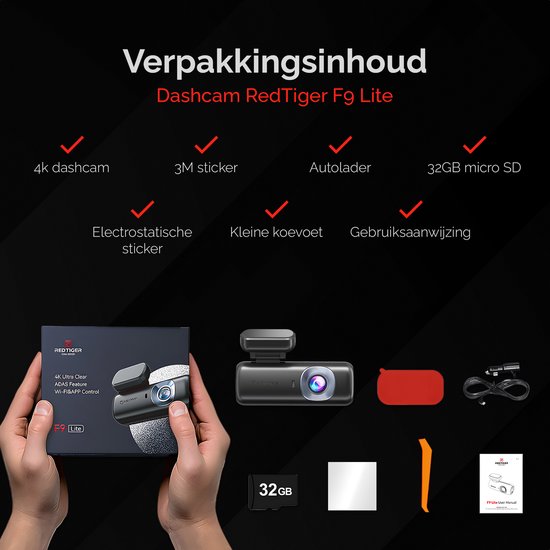 Inhoud van de verpakking van de RedTiger F9 Lite dashcam: dashcam, stickers, autolader, SD kaart, zuignap en handleiding.