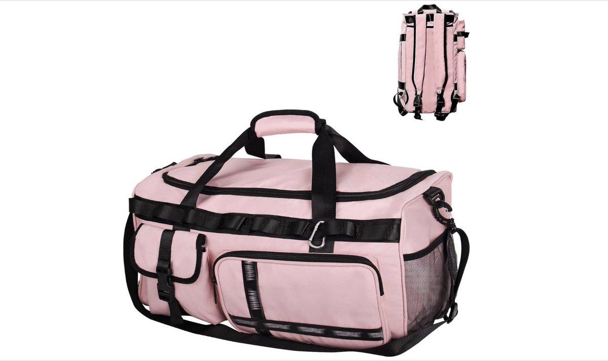 Sporttas voor dames, grote sporttas met schoenenvak en vak voor nat gebruik, voor dames en heren, 65 liter, reistas, zwemtas, weekendtas, (pink)