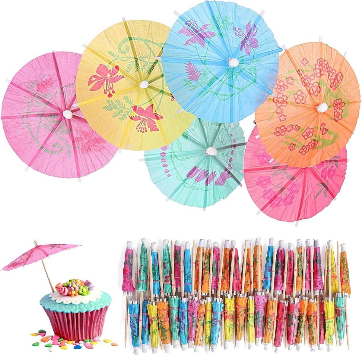 Allecto Plus - Decoratie Cocktailparaplu's 60 stuks voor Cocktailparty's - Mini-cocktailparasols - Hawaii-feestdrankdecoraties - Papieren parasols voor Strandfeesten - Fiesta tropisch - Strandfeestjoy.