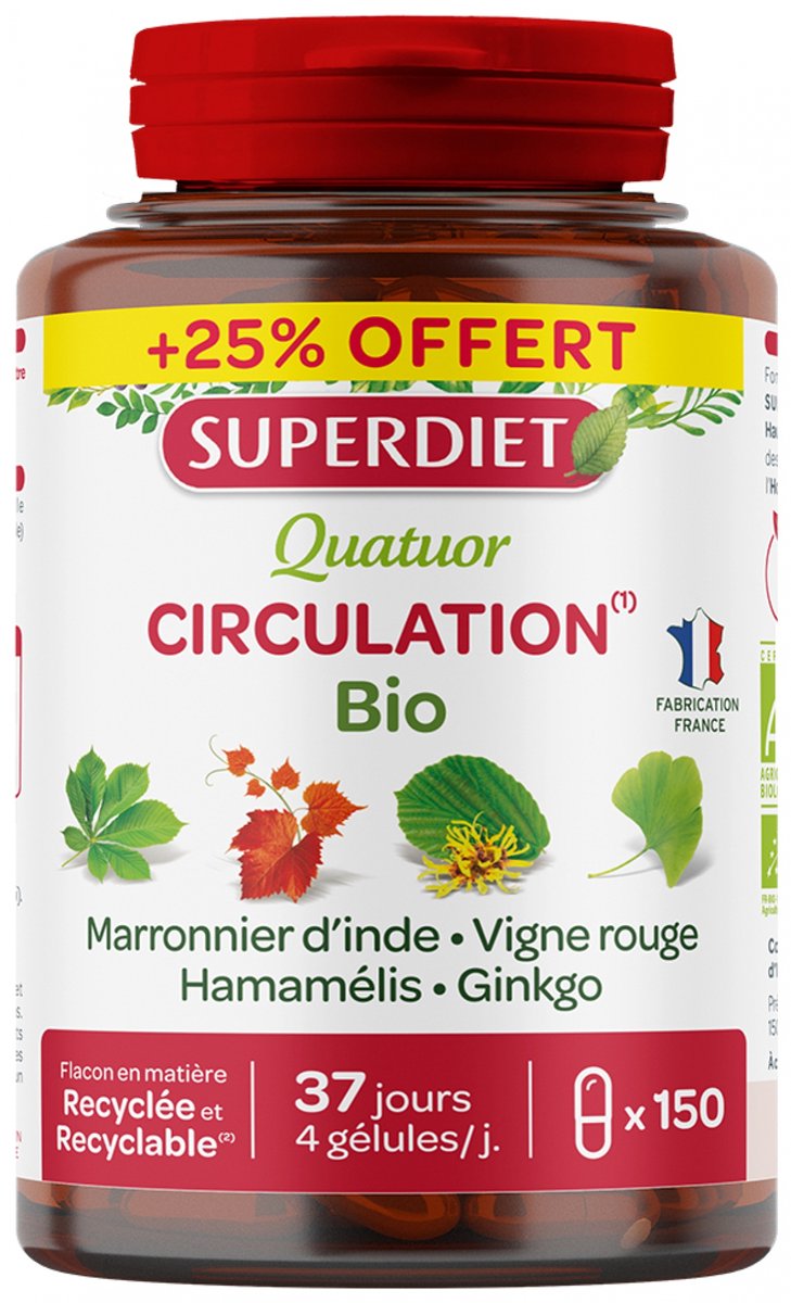 Goedkoopste Superdiet Quatuor Circulation 120 Capsules 30 Gratis Capsules
