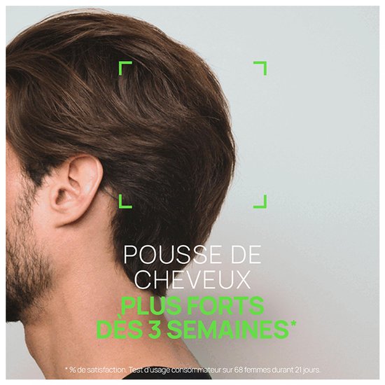 Zijenaanzicht van een man met bruin haar, met tekst 'POUSSE DE CHEVEUX PLUS FORTS DES 3 SEMAINES'.