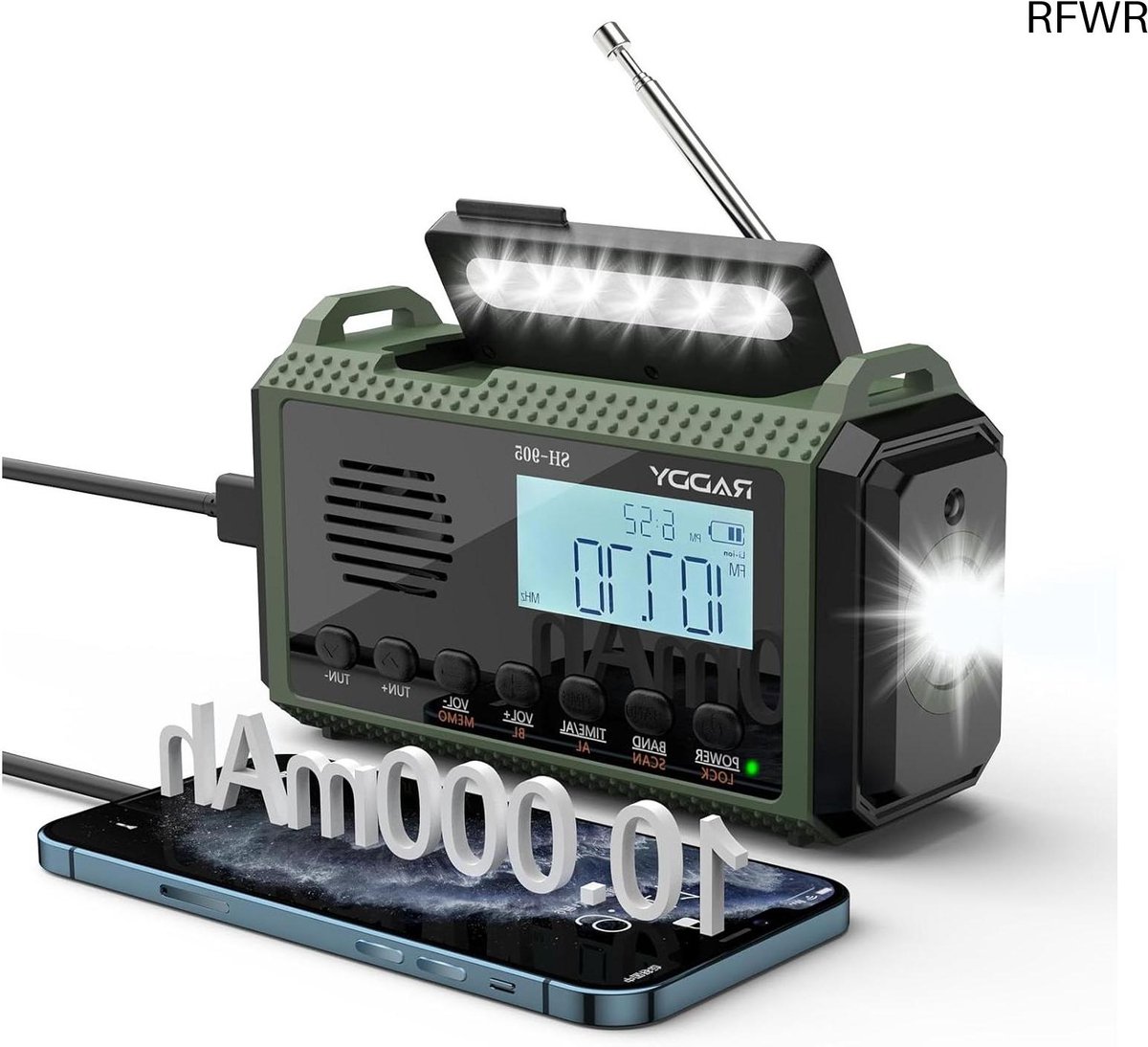 RFWR® Draagbare Noodradio met 10.000mAh Oplaadbare Batterij - Zonne-energie, AM/FM/SW, Zaklamp & SOS-functie