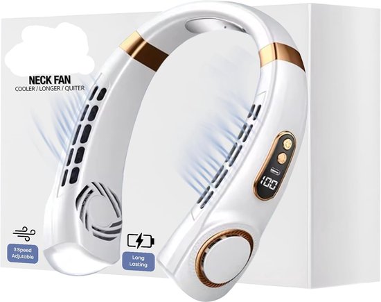 Nekventilator draagbaar oplaadbaar 360° rotatie 5 snelheden bladloze koeler handsfree wit