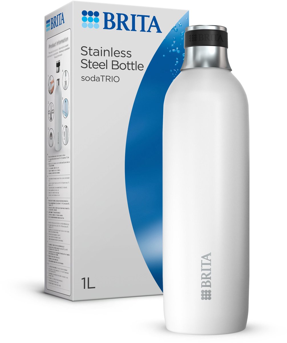 BRITA sodaTRIOgrote thermofles RVS - Wit - RVS fles wit (1L) voor gebruik met de bruiswatermachine sodaTRIO - Dubbelwandige geïsoleerde premium roestvrijstalen fles met antislip ring
