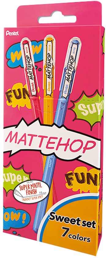 Pentel Mattehop K110 pennen in roze verpakking met "FUN", "WOW" en "SUPER" tekst. De set bevat 7 kleuren, waaronder rood, geel en blauw.
