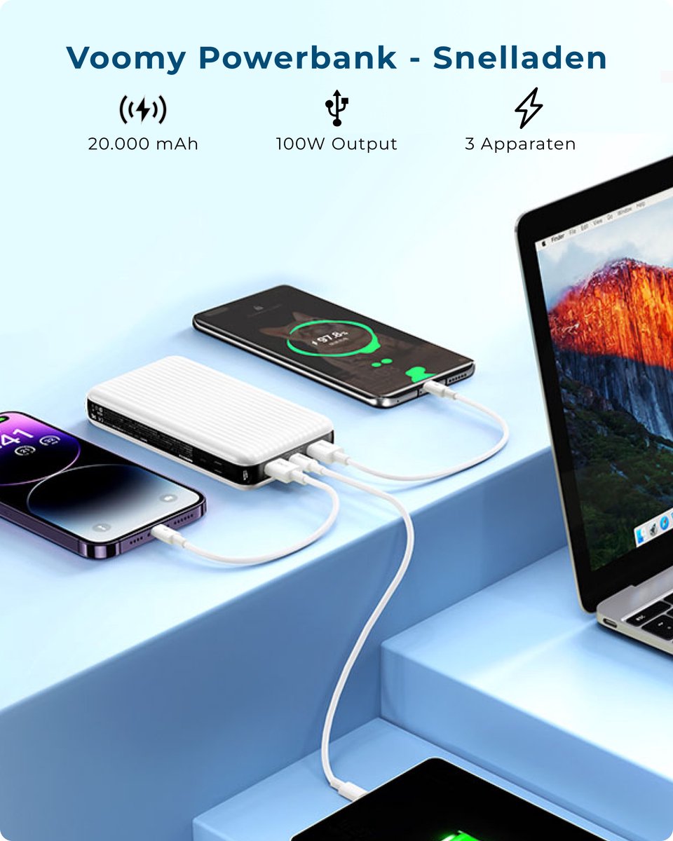 Voomy Powerbank 20000 mAh - 100W Snellader - Geschikt voor - afbeelding 2