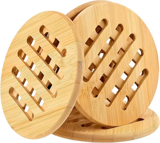 Bamboo Coasters Set of 4 - Non-Slip Washable Round Pot Coasters for Kitchen Pot Pans and Plates (6 inches)