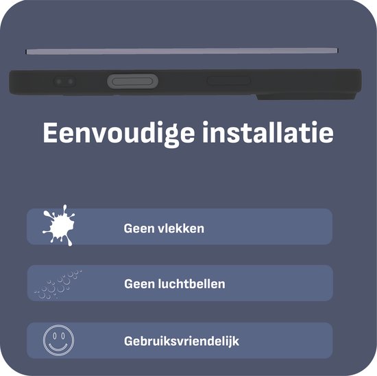 Zijkant van een Xiaomi 15 Ultra met glasbescherming, met tekst 'Eenvoudige installatie', 'Geen vlekken', 'Geen luchtbellen' en 'Gebruiksvriendelijk'.