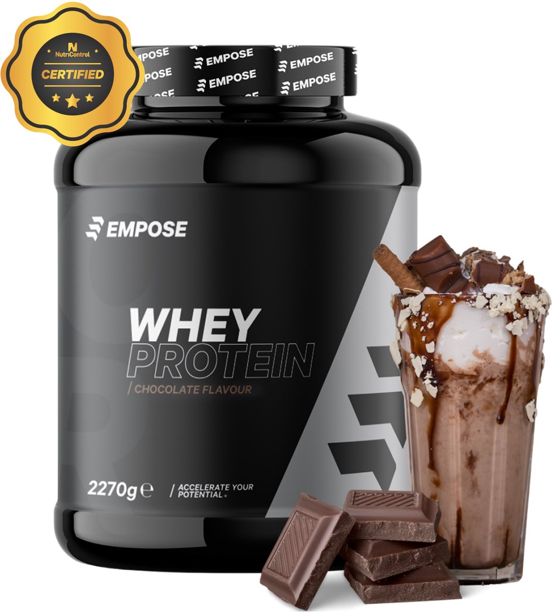 Goedkoopste Empose Nutrition Whey Protein - Proteine Poeder - Proteïne Shake - Eiwitpoeder - Eiwitshakes - Chocolade - 2270 gram - 76 doseringen