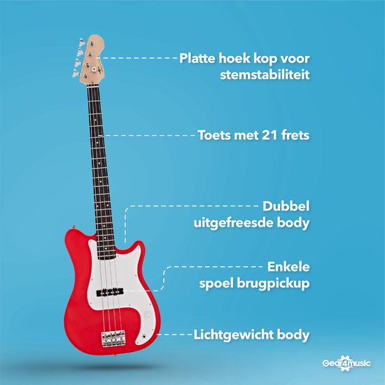 Rode basgitaar met witte slagplaat, platte kop, toets met 21 frets en lichtgewicht body.