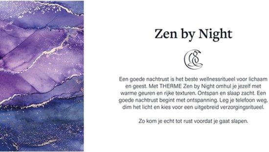 Abstracte paarse en blauwe verfstreken met gouden accenten, met de tekst 'Zen by Night'.