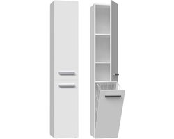 Badkamermeubel-Badkamerkast-Opbergkast Met Wasmand-Wit-kolomkast met wasmand