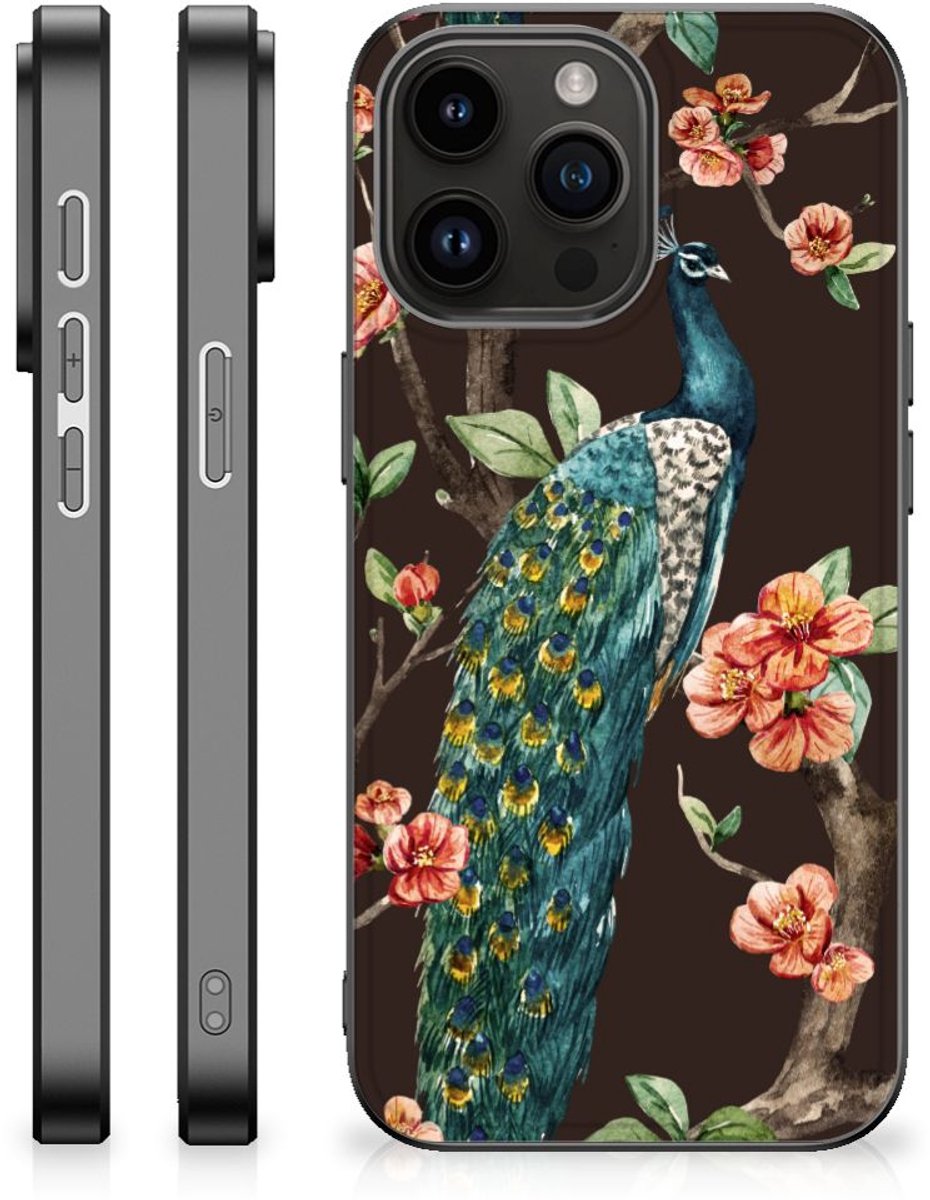 iPhone 15 Pro Max Dierenprint Telefoonhoesje Pauw met Bloemen