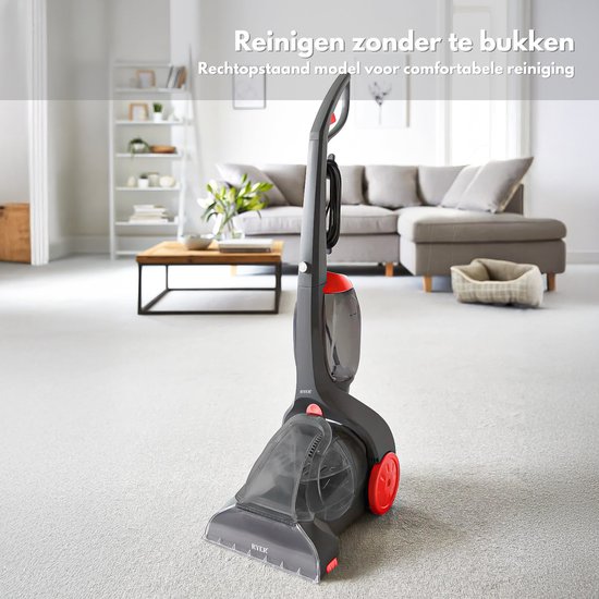 Grijze en rode tapijtreiniger, staand model, in een opgeruimd modern interieur.