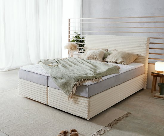 Lit à sommier tapissier Dream-Well Plush-Cord Beige 160x200 cm TFK- Matras Visco- Topper