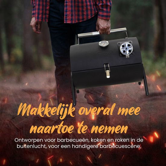 Muntel® Houtskoolbarbecue - Smoker - BBQ - Grill - Draagbaar - Uitklapbaar - Cilinder - Camping - Zwart van Muntel® — afbeelding 4