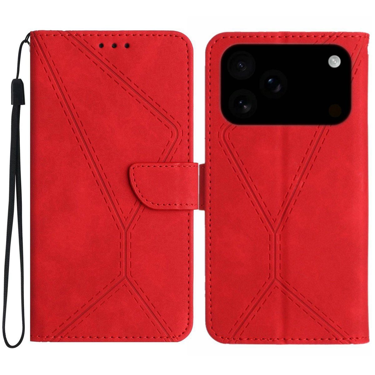 Mobigear Telefoonhoesje geschikt voor Apple iPhone 17 Pro Hoesje | Mobigear Stitch Bookcase Portemonnee | Pasjeshouder voor 3 Pasjes | Telefoonhoesje voor Pinpas / OV Kaart / Rijbewijs - Rood
