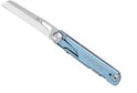 Blauw Black Eagle multitool mes met lichtblauwe handgreep, opengeklapt op witte achtergrond.