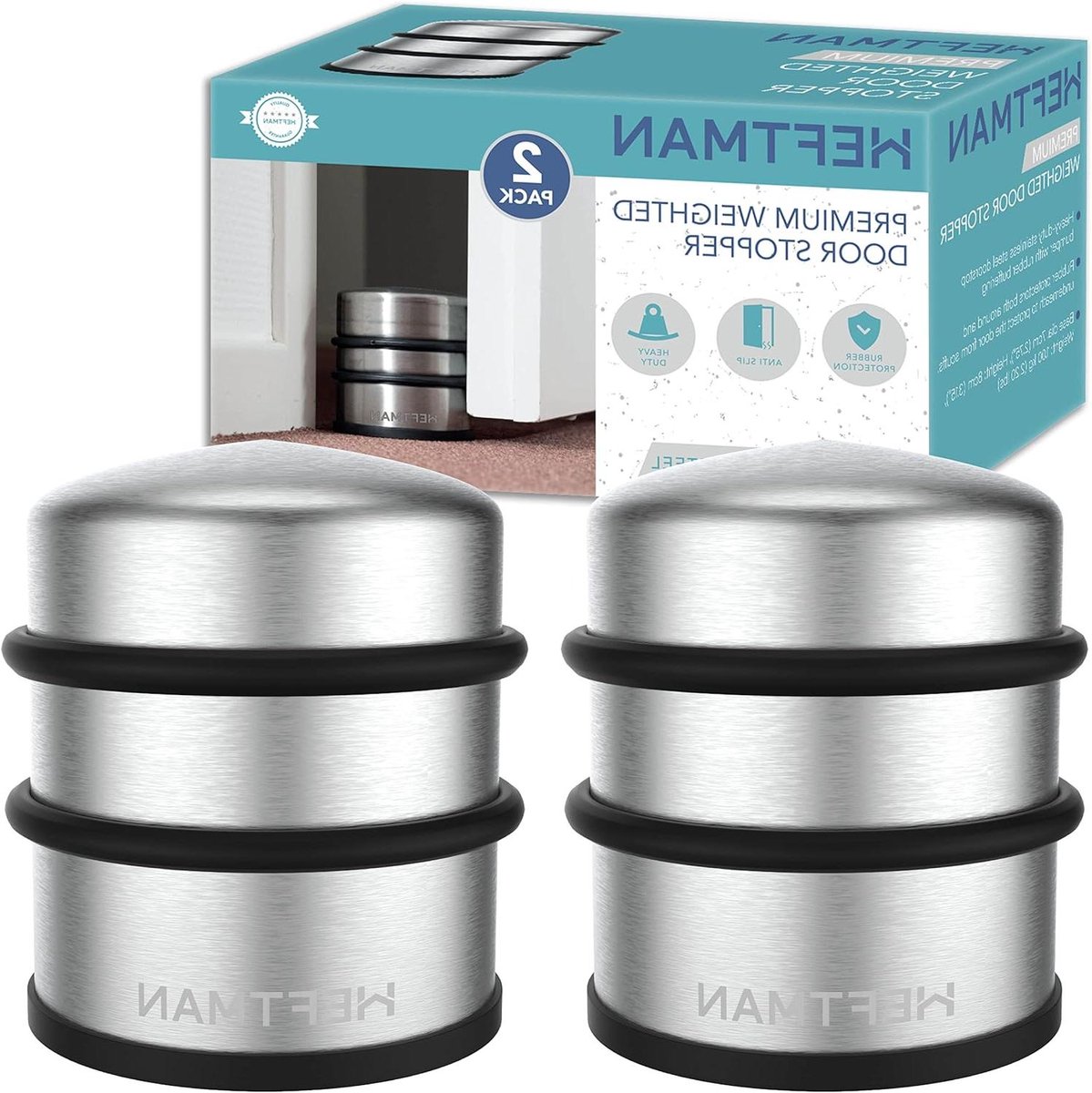 Deurstopper - 2 stuks metalen robuuste deurstopper van roestvrij staal - vloerdeurstopper met rubberen bumper - 1 kg verzwaarde deurstop met beschermende bufferringen
