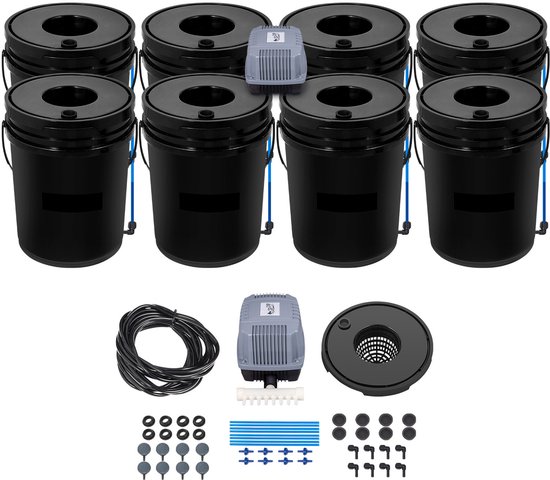 DWC Hydroponic Kweeksysteem - 8 emmers - 19,5 Liter - Met luchtpomp