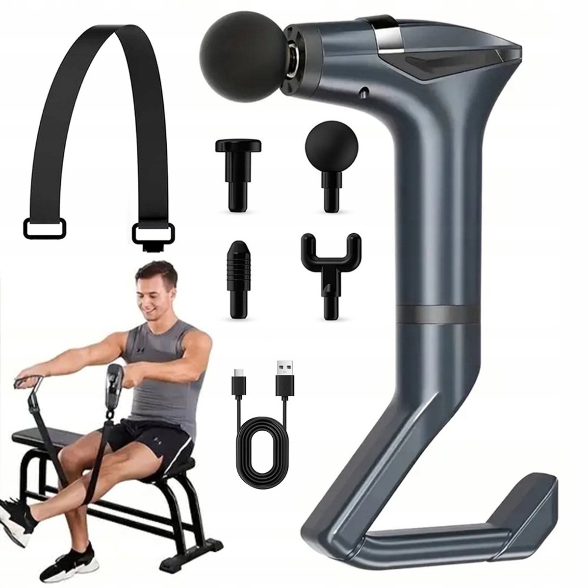 Fitness Muscle Fascia Gun - met afneembaar handvat - 12 verschillende snelheidsniveaus - LCD-scherm - ademhalingslicht - 1500 mAh-batterij - donkergrijs