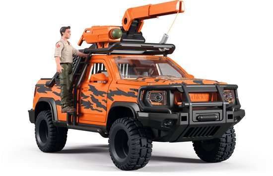 Oranje jungle jeep met tijgerstrepen, kraan en staande bestuurder.