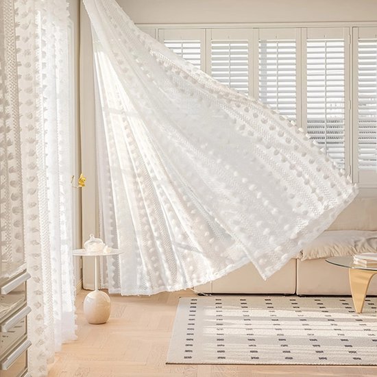 Rideaux prêts à poser - Rideaux en tulle de Luxe - Rideaux Wit à panneaux avec bordure à pompons - Stores plissés sans Embouts - Rideaux pour salon, chambre et mariage - L 132 x H 274 cm