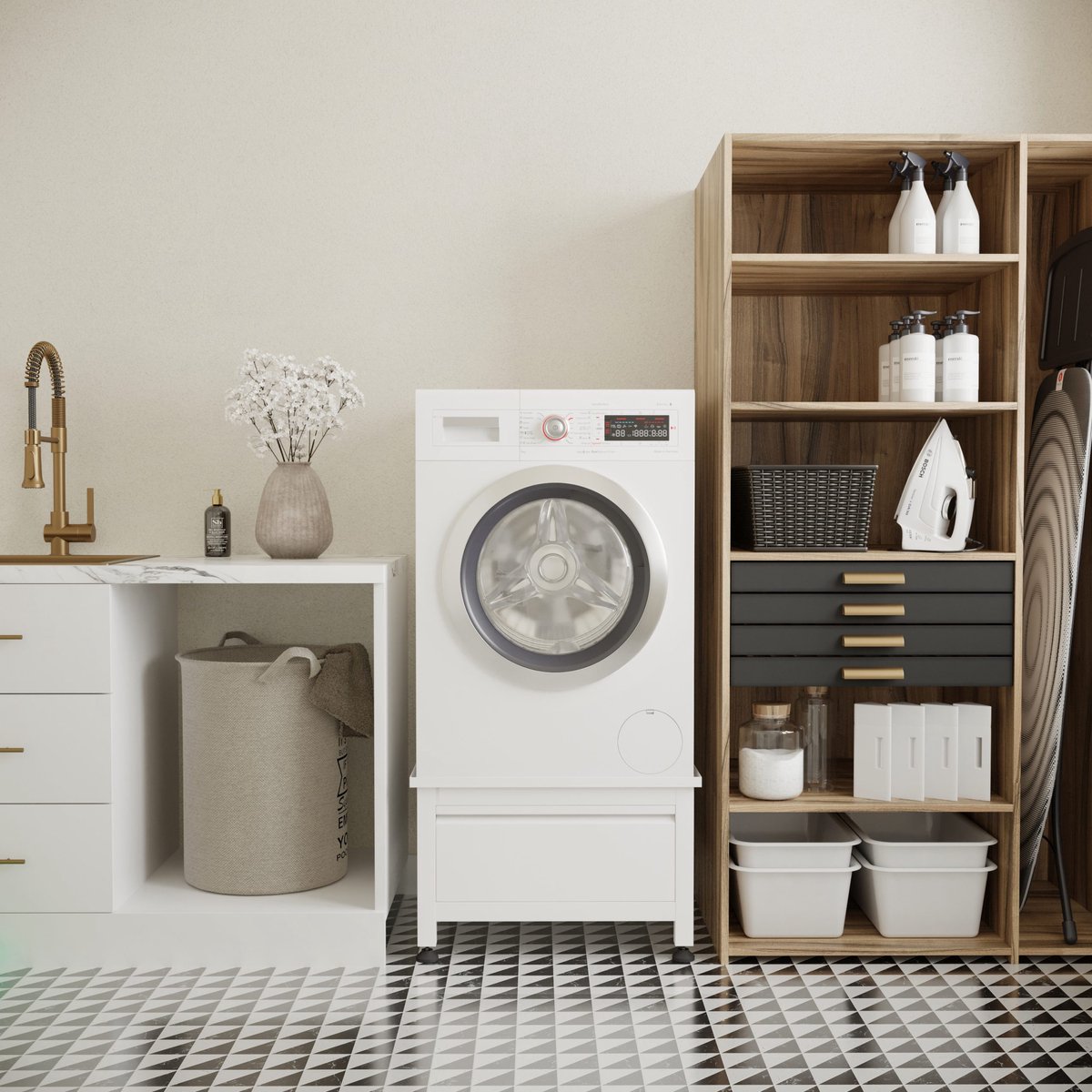 Wasophoogte® Wasmachine verhoger met lade - Wasmachine opbouwmeubel - Wasmachine sokkel - 42cm hoog - Wit - Universeel - 65*60,5 (LxB) - Inclusief wandbeugels — afbeelding 6