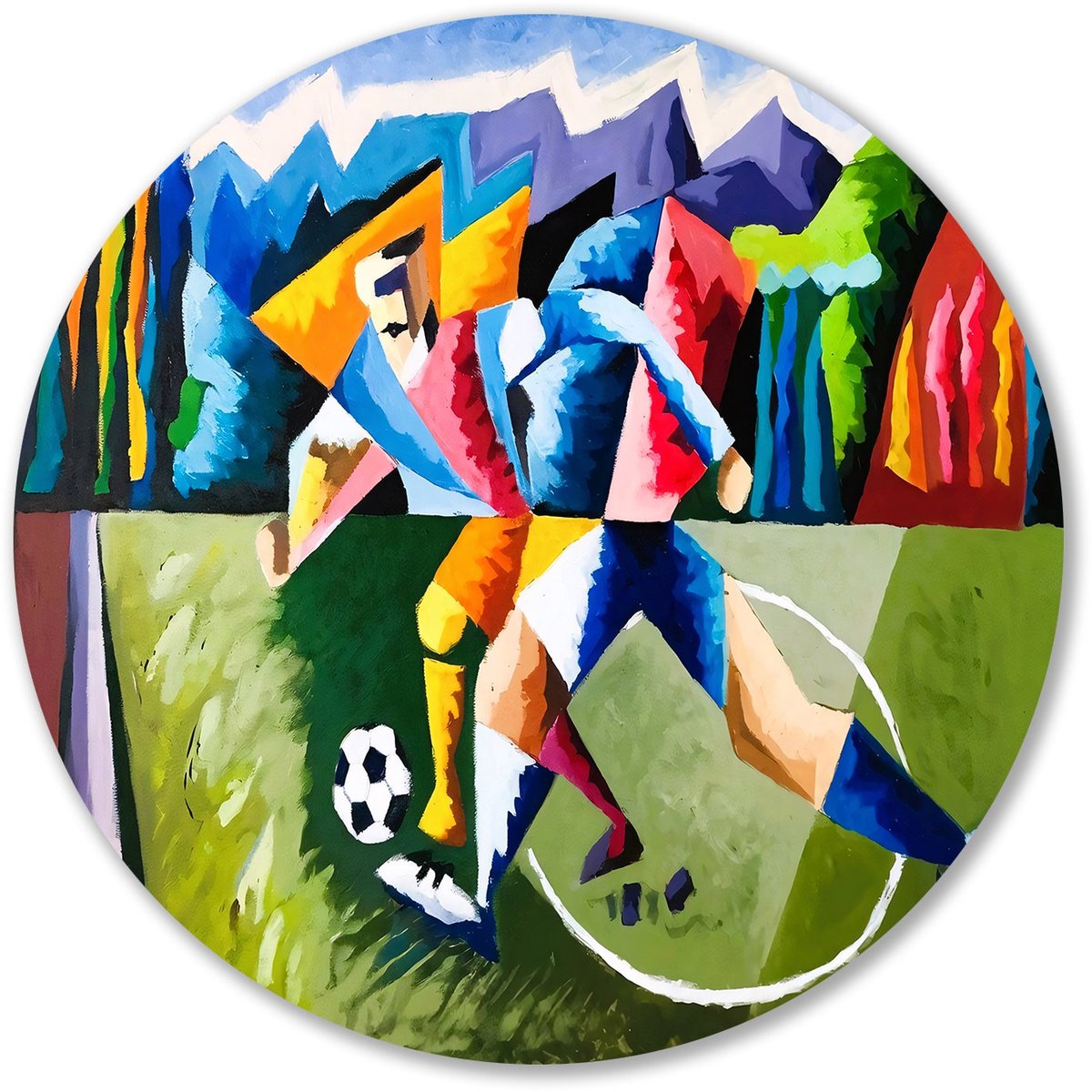 Kubistisch abstract voetbalschilderij - Voetbal muurcirkels - Wandpaneel voetballers - Kubisme - Muurcirkel Forex - Bohemian wandkunst - muurcirkel forex 70x70 cm