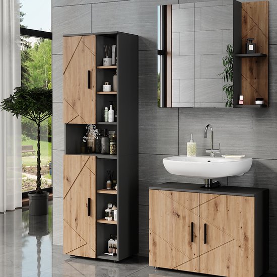 Vicco Hoge kast Irma, Antraciet/Goudkleurig Eiken, 50 x 172 cm met 2 deuren