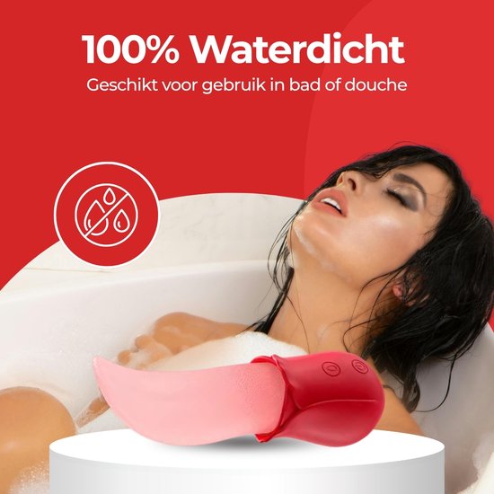 Een vrouw in bad met een rode vibrator met flexibele tong. Iconen en tekst benadrukken 100% waterdicht, geschikt voor bad of douche.