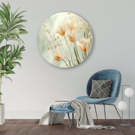 Zacht gekleurde tulpen en takjes - Bloemen wanddecoratie rond - Ronde wanddecoratie tulpen - Japandi - Schilderij forex - Wandkunst voor slaapkamers - muurcirkel forex 100x100 cm