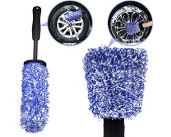 2-delige set autowielenborstels - Wielborstel met lange steel - Machinewasbaar, pluisvrij, absorberende detailreinigingshandschoen - Sterk absorberende wielborstel - Past op de meeste auto's, vrachtwagens en motoren - Blauw, zwart
