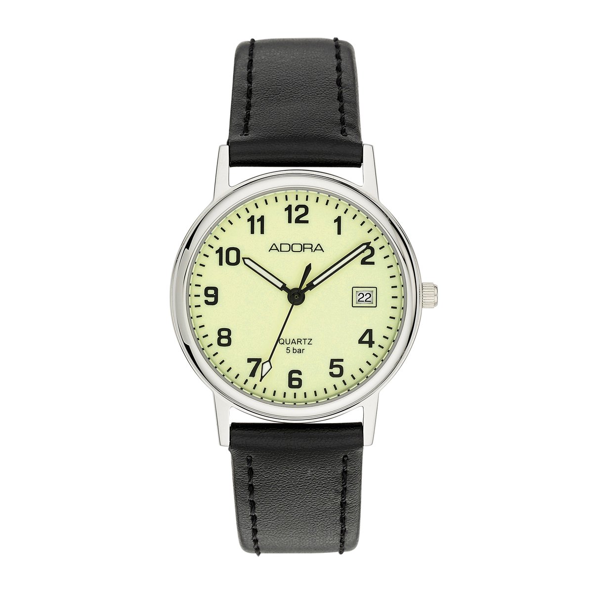 Dameshorloge met Oplichtende Wijzerplaat - 34 mm - Edelstalen Kast - Zwarte Leren Band - Met Datum - 5 BAR Waterdicht - Quartz