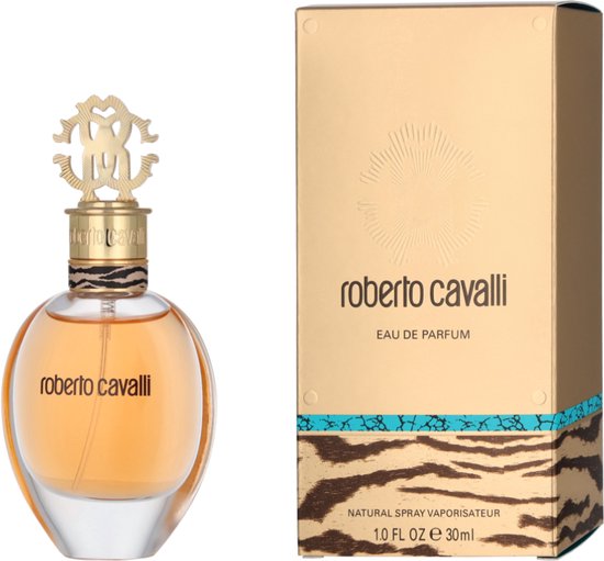Gouden doos met roberto cavalli eau de parfum en bijpassende ronde fles met gouden dop.