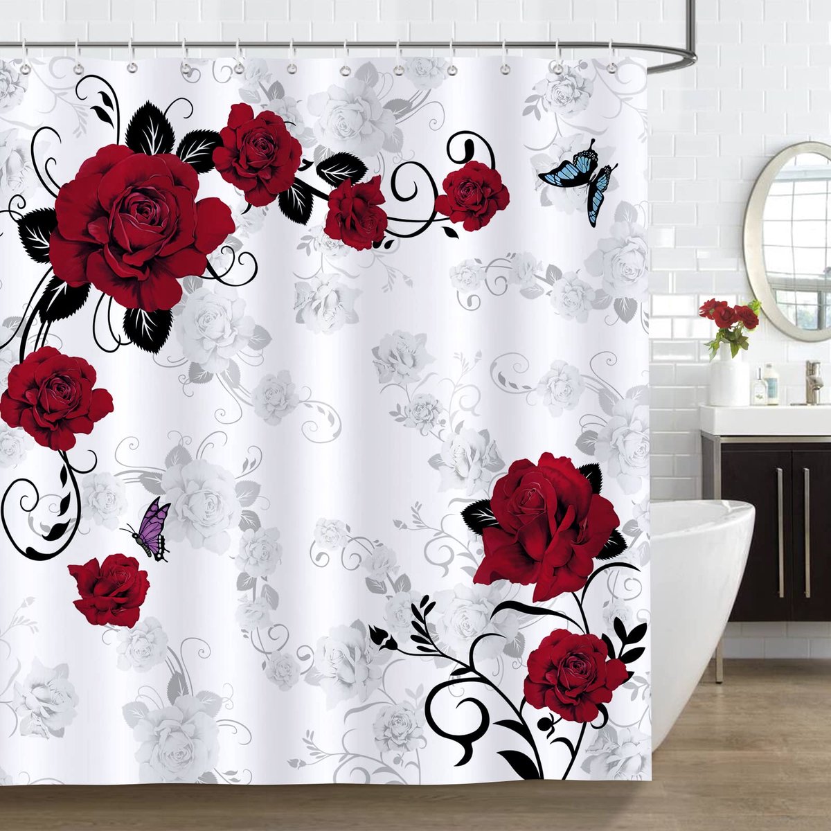 Ibenzoa® Stijlvol Douchegordijn met Rode Rozenmotief voor een Elegante Badkameruitstraling 180 x 180 cm