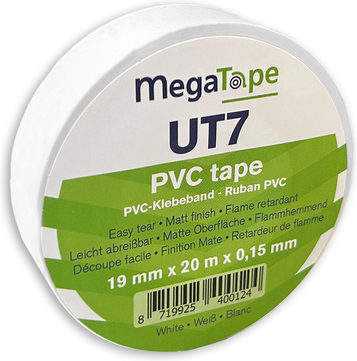 Megatape UT7 PVC tape 19 mm x 20 mtr - wit